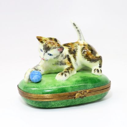 Picture of Cat Playing With Blue Ball Limoges Trinket Box By Chamart