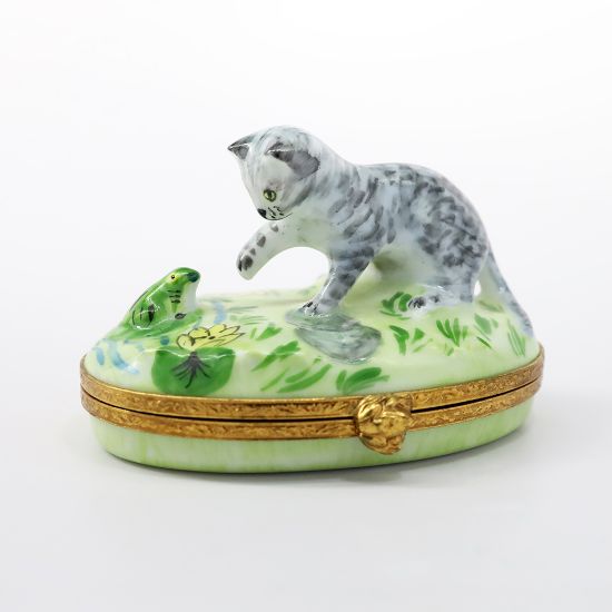 Picture of Gray Kitten And Frog Limoges Trinket Box By Artoria