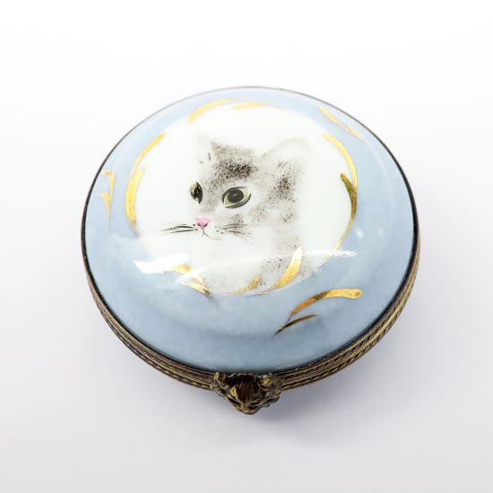 Picture of Vintage Round Grey Cat Portrait Limoges Trinket Box