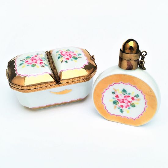 Picture of Retired Vintage Limoges Perfume Bottle & Double Sided Limoges Trinket/Button Box Pair