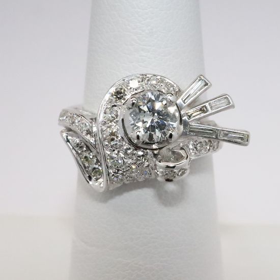 Picture of 1940's Inspired 14k White Gold & Round Brilliant Cut Diamond Ring with Baguette & Round Single Cut Diamond Accents