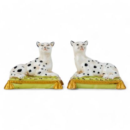 Picture of Pair of Staffordshire Inspired Ceramic Leopards on Green & Gold Pillows