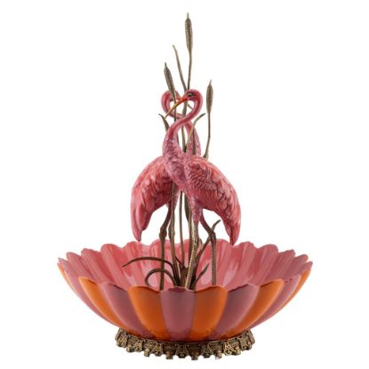 Picture of Double Scarlet Ibis Water Bird Ceramic Basin with Bronze Ormolu Accents