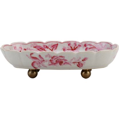 Picture of Transferware Inspired Pink on White Ceramic Primrose Dish with Bronze Ball Feet