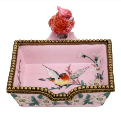 Picture of Pink Floral Ceramic & Bronze Rectangular Tray with Perched Bird on Rim