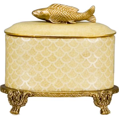 Picture of Yellow Oval Ceramic Box with Bronze Ormolu Feet & Bronze Fish Finial