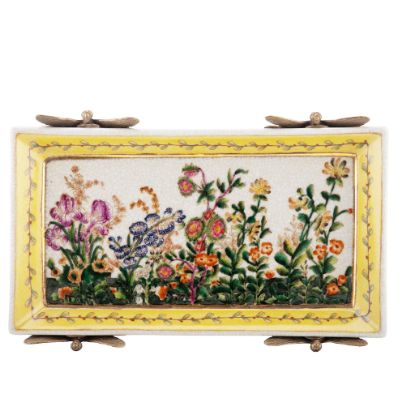 Picture of Rectangular Ceramic Floral Tray with Yellow Border & Dragonfly Feet