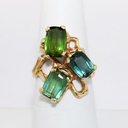 Picture of 14k Yellow Gold Brutalist Ring with Three Green Tourmalines