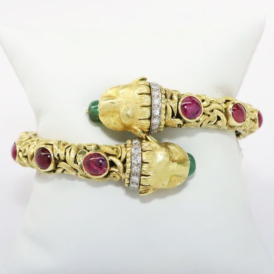 Picture of Vintage Zolotas 18k Yellow Gold Ruby & Diamond Bracelet Lion Faced Bypass Bracelet