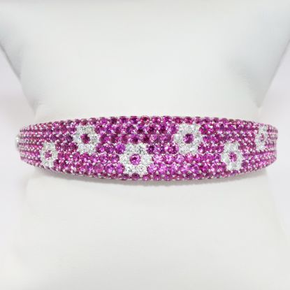 Picture of 18k White Gold & Pavé Set Pink Sapphire Hinged Bangle Bracelet with Inlaid Diamond Flowers by Roberto Coin