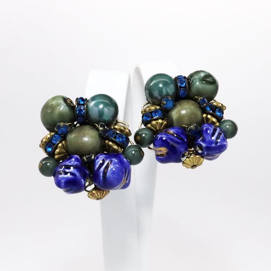 Picture of Vintage Alice Caviness Ceramic, Glass & Rhinestone Beaded Clip-On Earrings