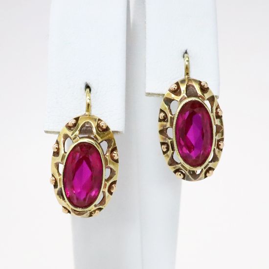 Picture of Antique Early 1920's Austrian 14k Yellow Gold & Oval Cut Synthetic Ruby Drop Earrings