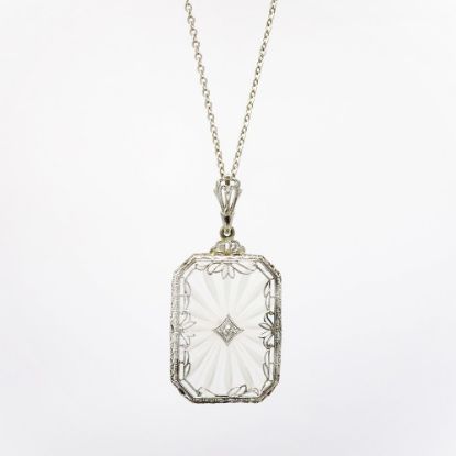 Picture of Antique Art Deco White Gold Necklace with White Gold Filigree, Camphor Glass & Diamond Pendant