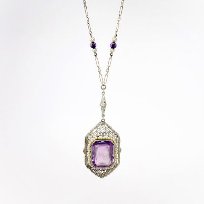 Picture of Antique Art Deco Era 14k White Gold Filigree & Intaglio Carved Amethyst Necklace with Seed Pearl Accents