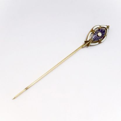 Picture of Antique 1920's Allsopp-Bliss Co. 14k Yellow Gold, Purple Guilloche Enamel & Pearl Stick Pin