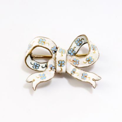 Picture of Vintage 14k Yellow Gold Bow Watch Brooch with Hand Painted White & Blue Enamel Flowers