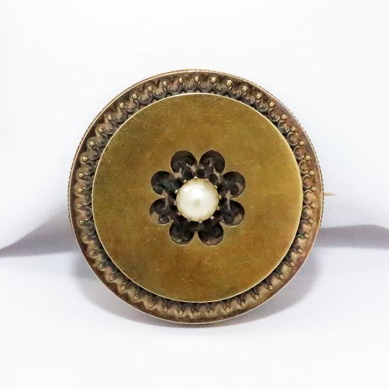 Picture of Antique Victorian Era 14k Yellow Gold & Pearl Etruscan Revival Brooch with Black Enamel Accents