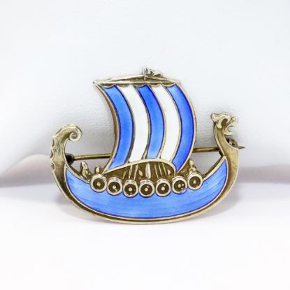 Picture of Vintage Mid Century Ivar T. Holth Norwegian Gilt Sterling Silver & Guilloche Enameled Viking Ship Brooch