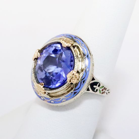 Picture of Antique 1930's La France 14k White Gold & Synthetic Spinel Ring with Enameled Accents