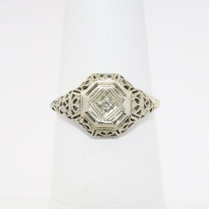 Picture of Antique Art Deco 18k White Gold Filigree Engagement Ring with Small Diamond Accent