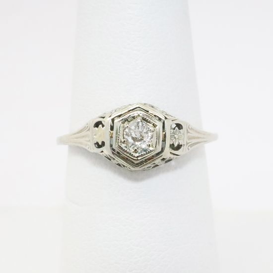 Picture of Antique Art Deco Era 18k White Gold Filigree & Old Mine Cut Diamond Engagement Ring