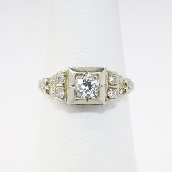 Picture of Antique Art Deco Era 18k White Gold & Old European Cut Diamond Ring with Single Cut Diamond Accents