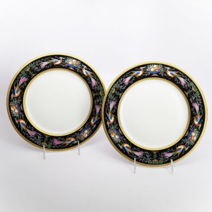 Picture of Pair of Hutschenreuther Porcelain Dinner Plates with Black, Gold Encrusted Rims with Colorful Pheasants & Fruits