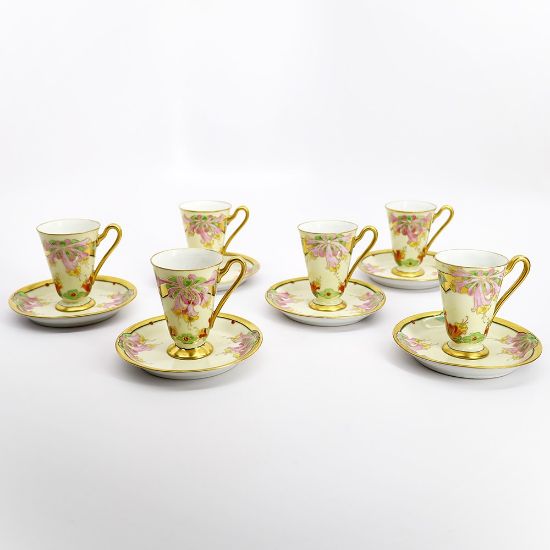 Picture of Art Nouveau Julius H. Brauer Hand Painted Set of 6 Honeysuckle Demitasse Cup & Saucer Set