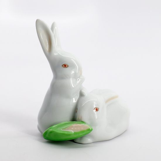 Picture of Herend Porcelain Pair of White Rabbits Eating Corn Figurine #5326