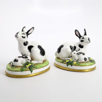 Picture of Rare Pair of Halcyon Days Black & White Rabbit Groups After Original 18th Century Chelsea Porcelain