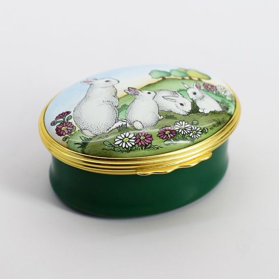 Picture of Rare Halcyon Days Enameled White Rabbit Family Trinket Box with Green Base