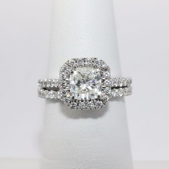 Picture of 14k White Gold & Haloed Cushion Cut Diamond Bridal Ring Set