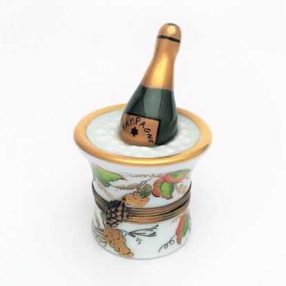 Picture of Retired Limoges Porcelain Champagne Bottle in Grape Motif Ice Bucket Trinket Box by Gerard Ribierre