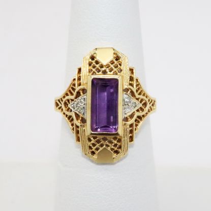 Picture of Antique Art Deco 14k Yellow Gold Filigree & Baguette Cut Amethyst Ring with Diamond Accents