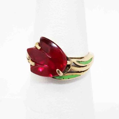 Picture of Vintage 10k Gold, Carved Synthetic Ruby & Green Enamel Tulip Ring