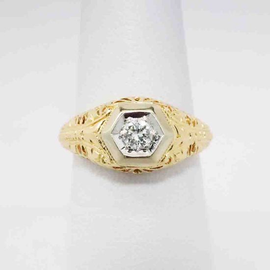 Picture of Antique Art Deco Era 14k Yellow & White Gold Filigree & Old European Cut Diamond Engagement Ring