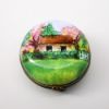 Picture of Retired Traditional Round Limoges Porcelain Trinket Box with Painted Cottage Scene on Lid