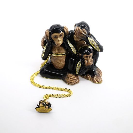 Picture of Kingspoint Designs See No Evil, Hear No Evil, Speak No Evil Monkeys Trinket Box with Matching Necklace