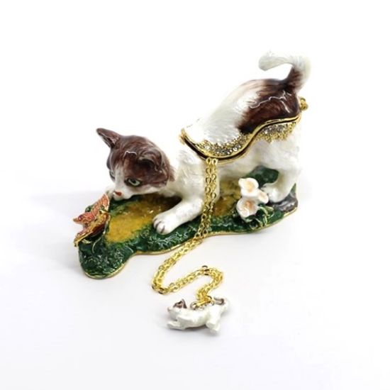 Picture of Kingspoint Designs Playful Cat with Butterfly Trinket Box with Matching Necklace