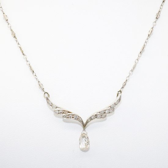 Picture of Antique 1920's 14k White Gold & Diamond Necklace with Briolette Cut Diamond Drop