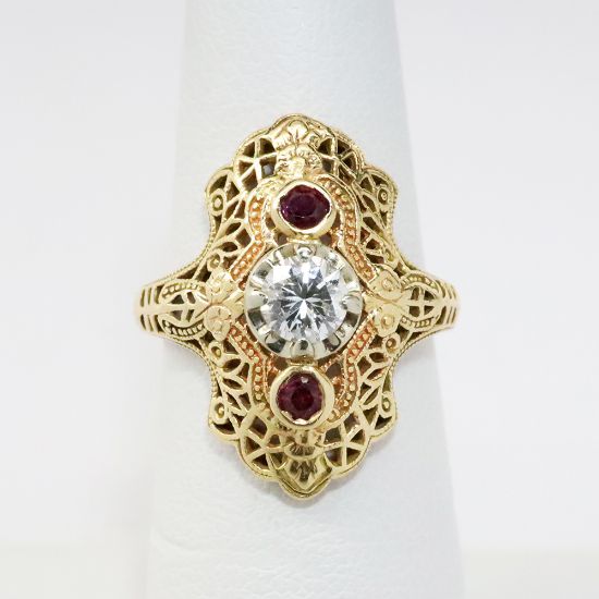 Picture of Edwardian Revival 14k Yellow Gold Filigree, Diamond & Ruby Ring 