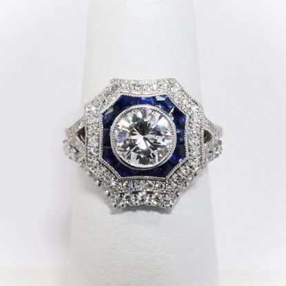 Picture of Antique Art Deco 18k White Gold, Diamond & Synthetic Sapphire Engagement Ring with Custom Made Matching 19k Gold & Diamond Band 