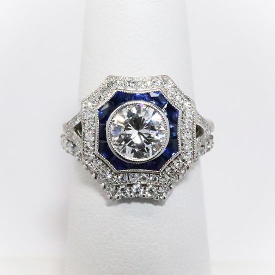 Picture of Antique Art Deco 18k White Gold, Diamond & Synthetic Sapphire Engagement Ring with Custom Made Matching 19k Gold & Diamond Band 