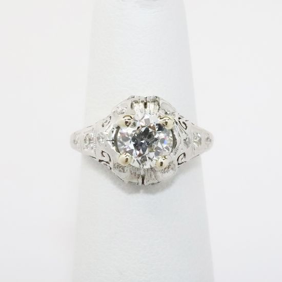 Picture of Antique Art Deco Era Platinum & Old European Cut Diamond Ring with Single Cut Diamond Accents