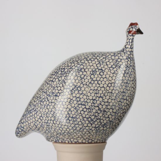 Picture of Lussan Ceramics Pecking (Head Down) Guinea Hen in White with Cobalt Blue Spots