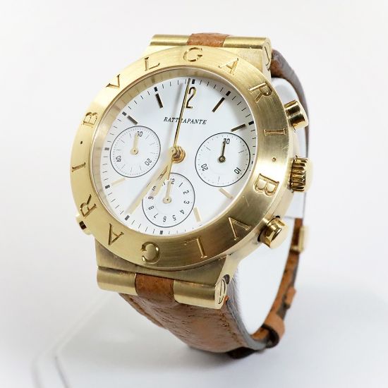 Picture of Bvlgari 18k Yellow Gold & Leather 'Rattrapante' Men's Watch 