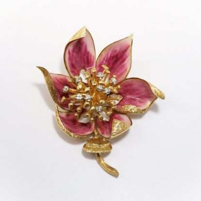 Picture of Vintage Mid Century Italian 18k Gold, Diamond & Pink Enameled Flower Brooch