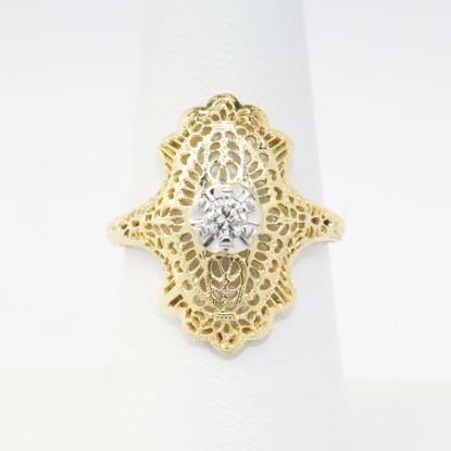 Picture of Antique Edwardian 14k Yellow Gold Filigree Ring with White Gold & Old European Cut Diamond Accent