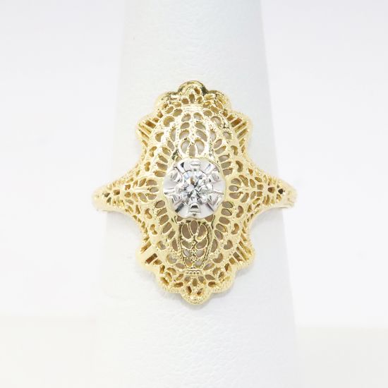 Picture of Antique Edwardian 14k Yellow Gold Filigree Ring with White Gold & Old European Cut Diamond Accent