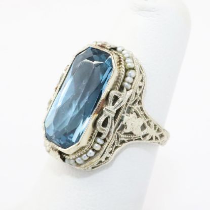 Picture of Antique Art Deco Era 14k White Gold Filigree & Blue Synthetic Spinel Ring with Gray Seed Pearl Accents